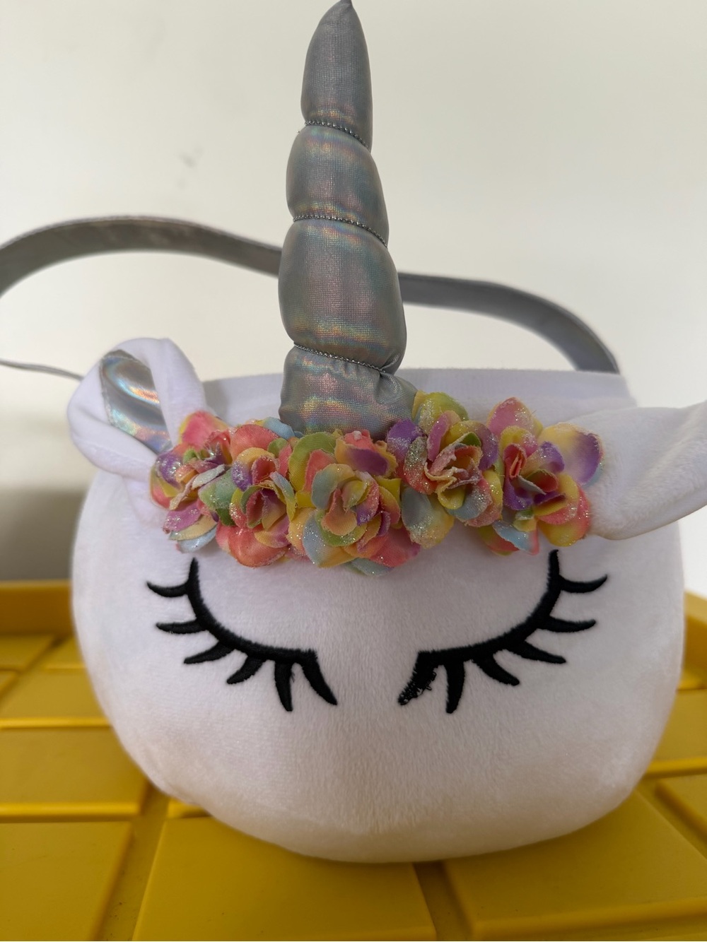 Unicorn Plush Crossbody Purse for Kids - White with Rainbow Floral Trim